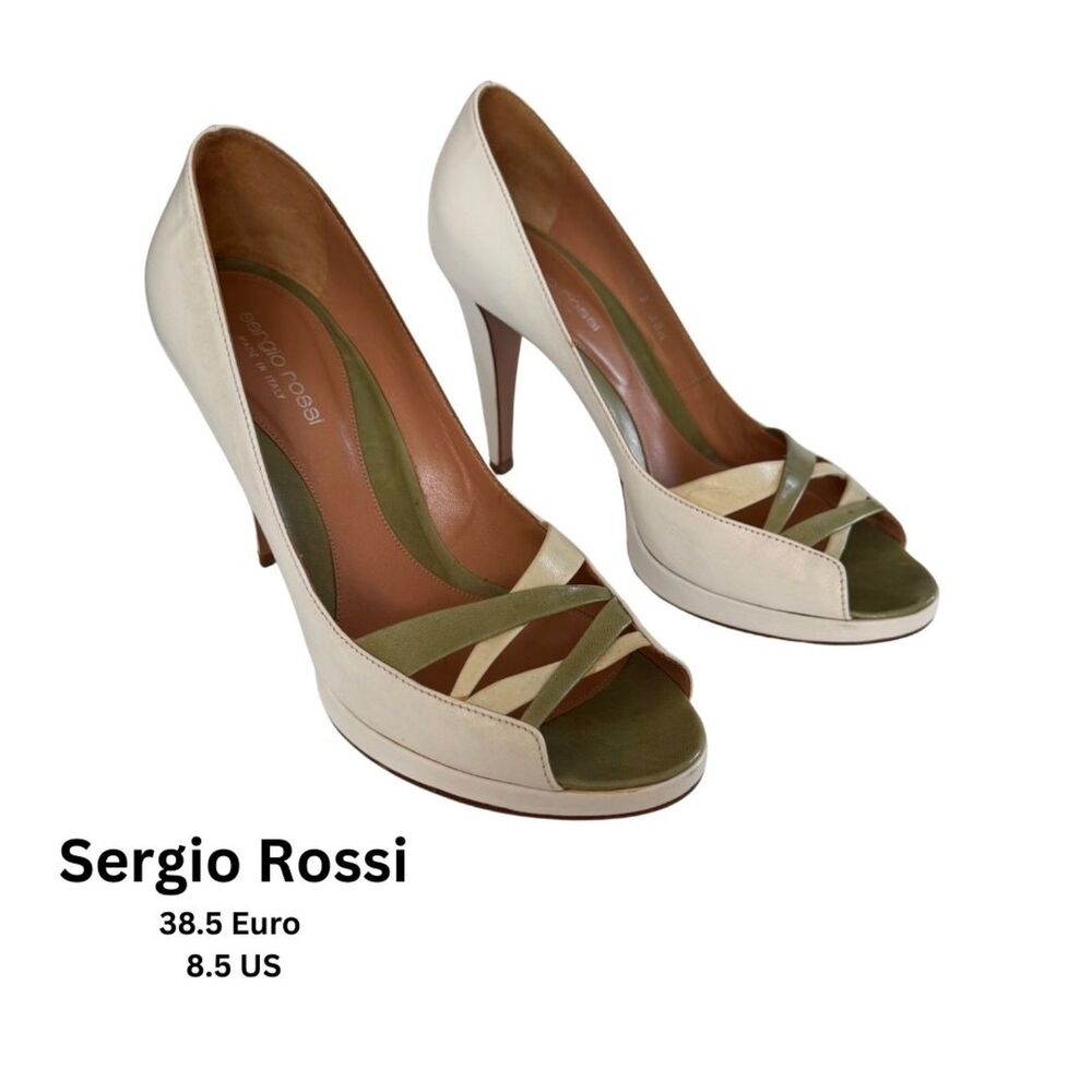 Sergio Rossi Ivory & Olive Green Strappy Peep-Toe Heels - Size 38.5 Euro 8.5 US